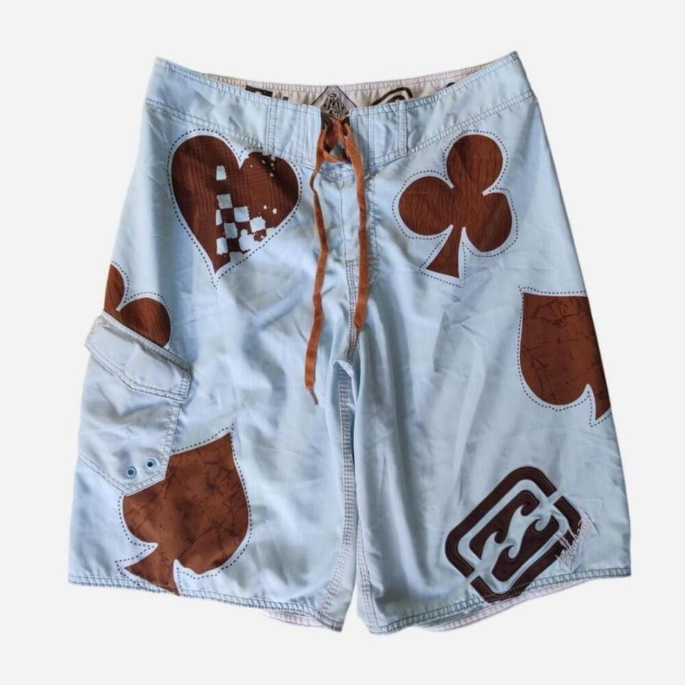 Y2K Vintage Billabong Baggy Royal Flush Board Shorts with brown playing card sui